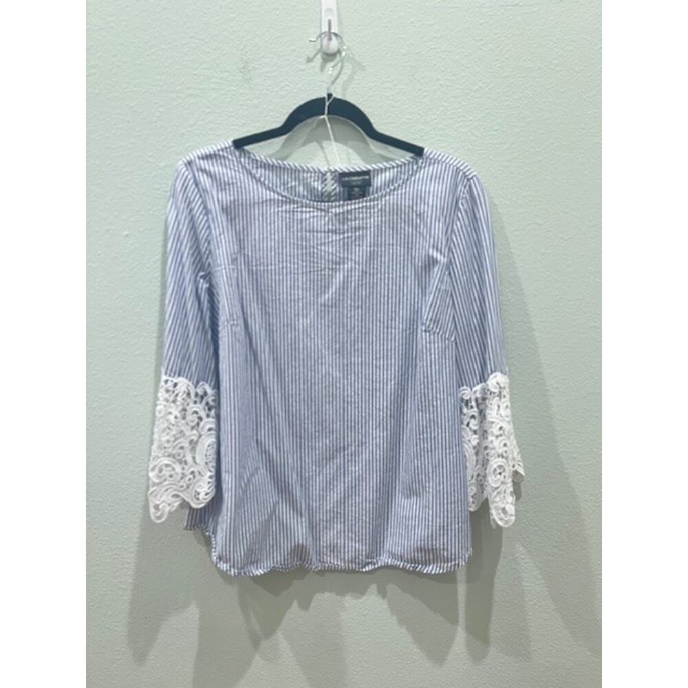 Liz Claiborne Career Blue Striped Blouse w/ Lace accent Angel Sleeves Womens PXL
